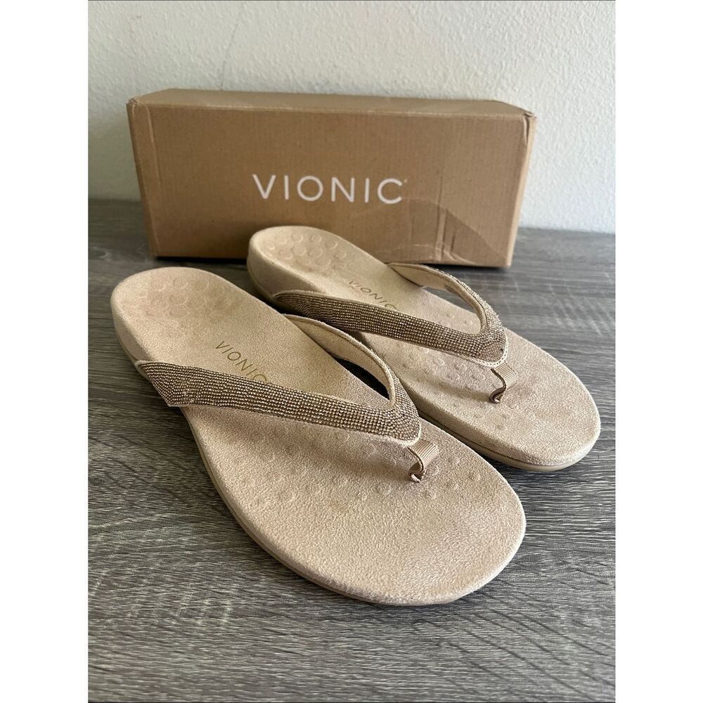 Vionic Dillon Rhinestone Flip Flop Sandals Champagne Beige Comfort Women’s 12